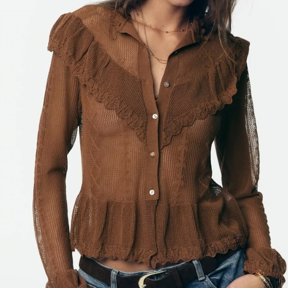 NWT Zara Ruffle Pointelle Lace-Trim Sheer Collared Button-Up Blouse In Brown - M